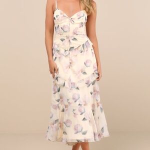 Lulus Idonea Light Yellow Floral Ruffled Lace-up Midi Dress - Size S